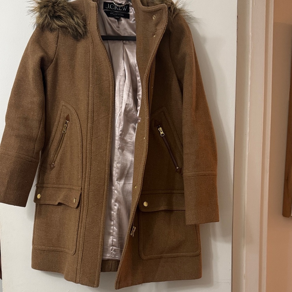 J. Crew Italian Stadium Tan/Brown with Faux Fur Hood